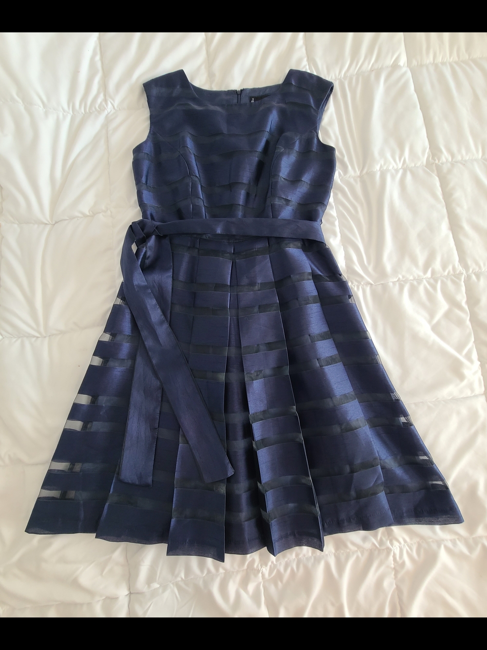 Chetta B Navy Layered A-Line Midi Dress with Waist Sash